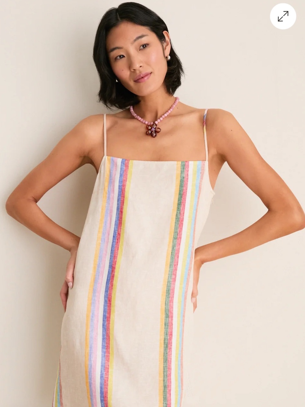 STAUD Cream Slip Dress with Pastel Rainbow Stripes